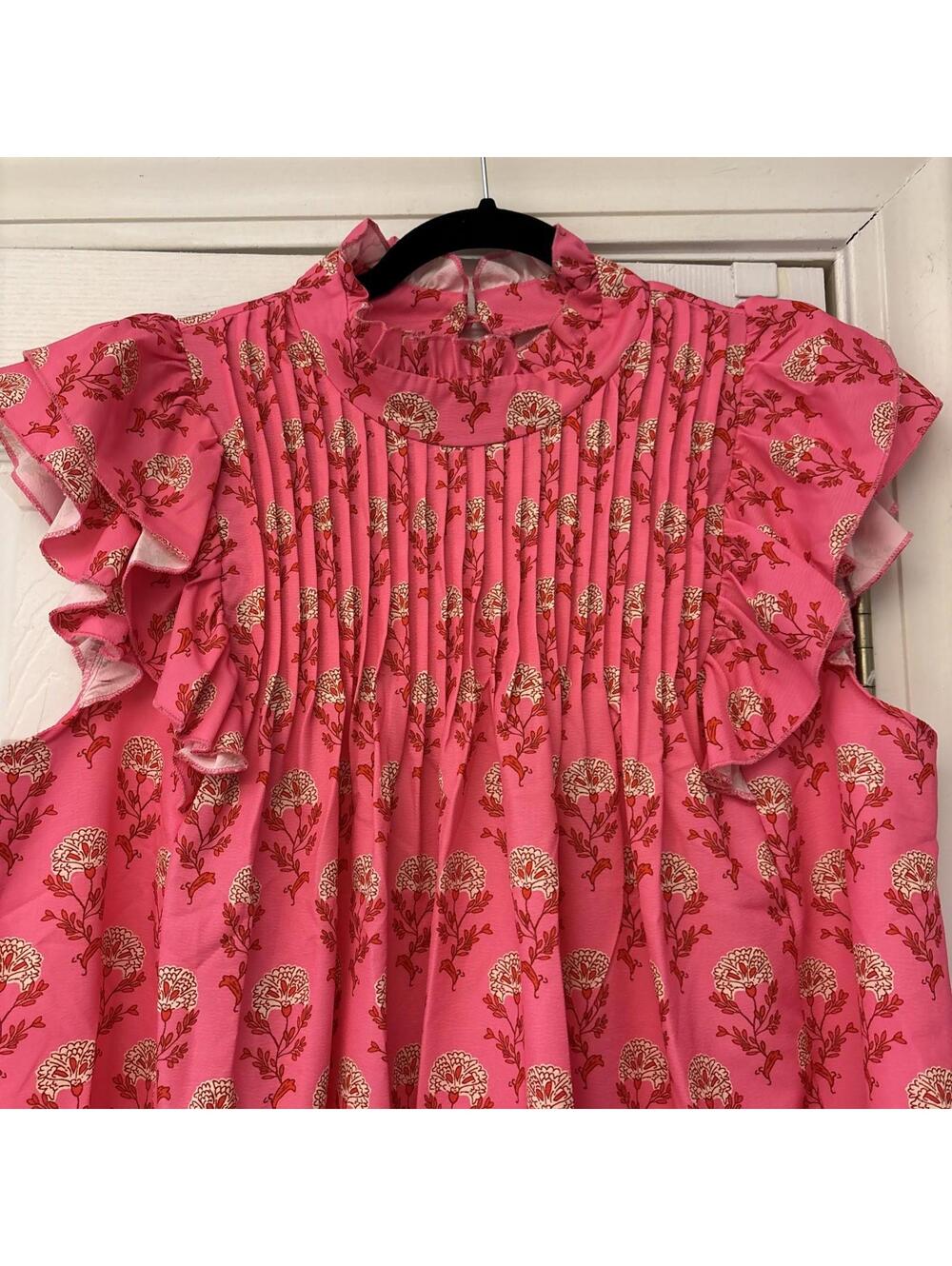 SHEIN Hot Pink Floral Sleeveless Pleated Ruffle Blouse. Size XL. Summer. - Picture 8 of 11